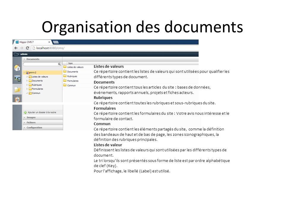 Organisation des documents Listes de valeurs Ce répertoire contient les listes de valeurs qui sont utilisées pour qualifier les différents types de document.
