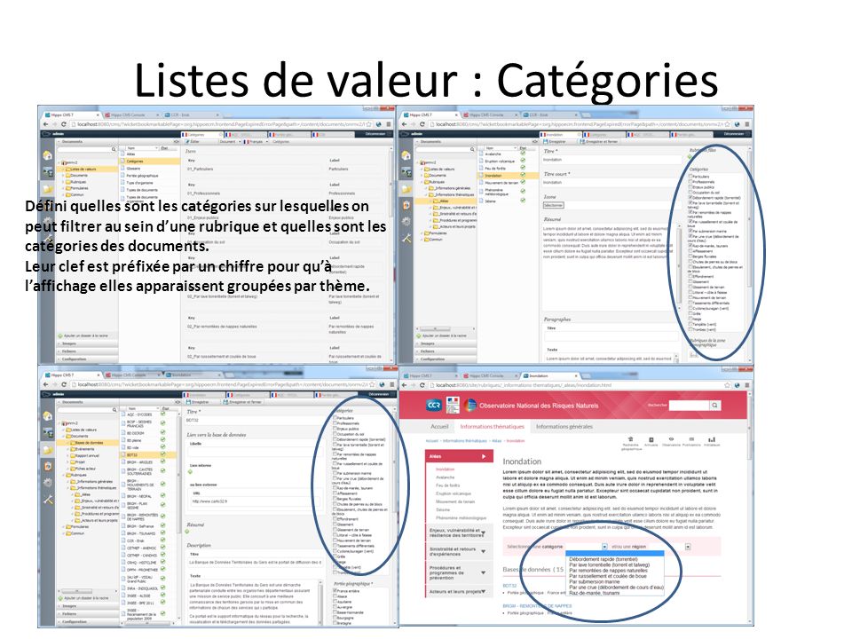 Listes de valeur : Catégories Défini quelles sont les catégories sur lesquelles on peut filtrer au sein dune rubrique et quelles sont les catégories des documents.