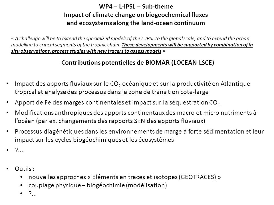 WP4 – L-IPSL – Sub-theme Impact of climate change on biogeochemical fluxes and ecosystems along the land-ocean continuum « A challenge will be to extend the specialized models of the L-IPSL to the global scale, and to extend the ocean modelling to critical segments of the trophic chain.