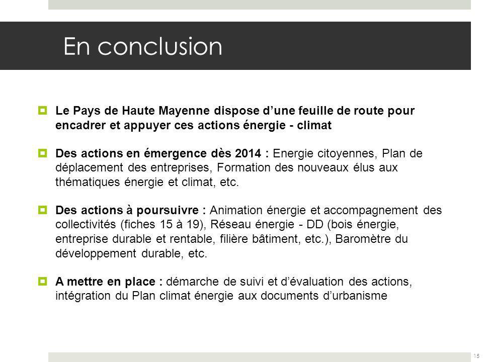 En conclusion Le Pays de Haute Mayenne dispose dune feuille de route pour encadrer et appuyer ces actions énergie - climat Des actions en émergence dès 2014 : Energie citoyennes, Plan de déplacement des entreprises, Formation des nouveaux élus aux thématiques énergie et climat, etc.