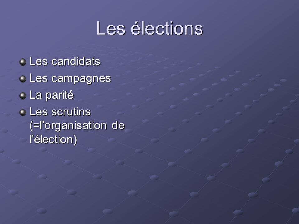 Les candidats Les campagnes La parité Les scrutins (=lorganisation de lélection)