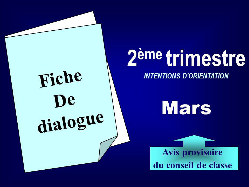 Fiche De dialogue 2 ème trimestre INTENTIONS DORIENTATION Mars Avis provisoire du conseil de classe