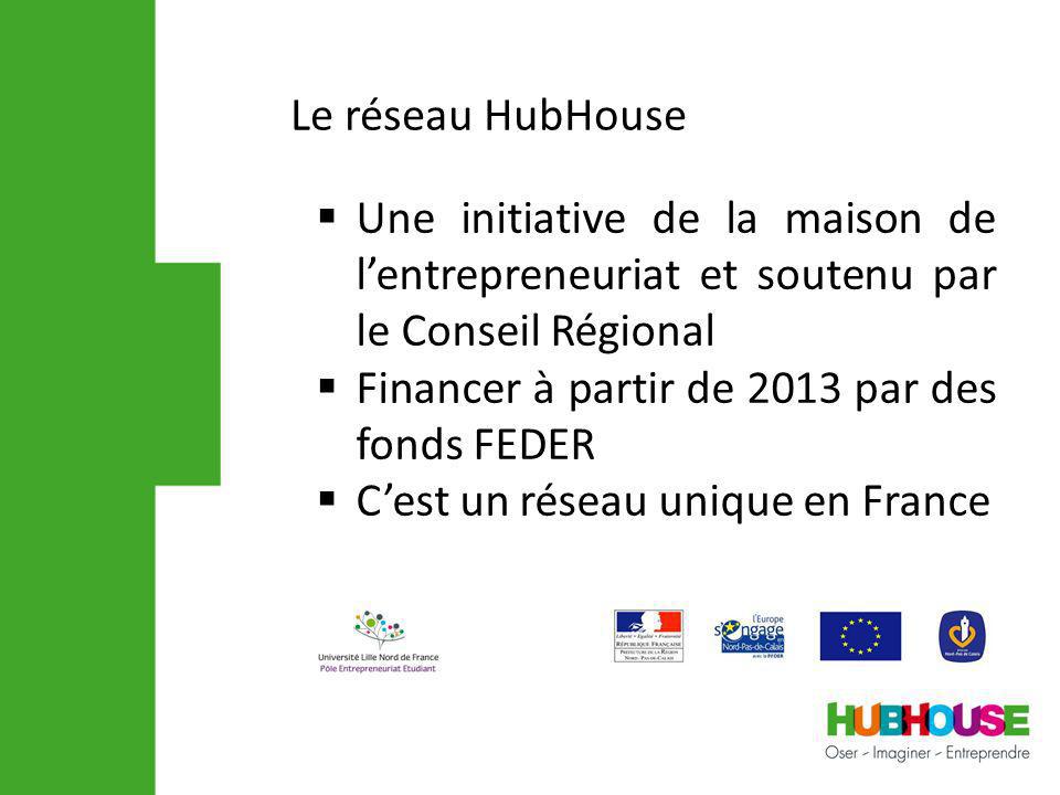 Une initiative de la maison de lentrepreneuriat et soutenu par le Conseil Régional Financer à partir de 2013 par des fonds FEDER Cest un réseau unique en France Le réseau HubHouse