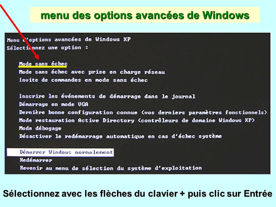 menu des options avancées de Windows Sélectionnez avec les flèches du clavier + puis clic sur Entrée