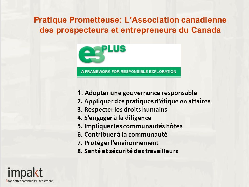 Pratique Prometteuse: L Association canadienne des prospecteurs et entrepreneurs du Canada 1.