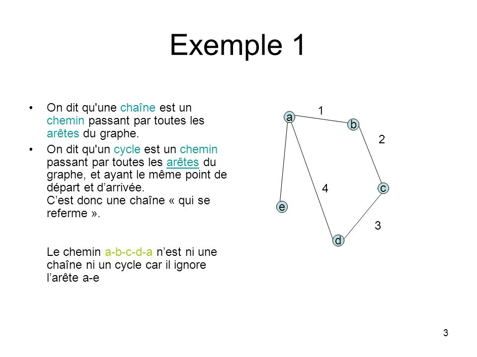 3 Exemple 1 On dit qu une chaîne est un chemin passant par toutes les arêtes du graphe.