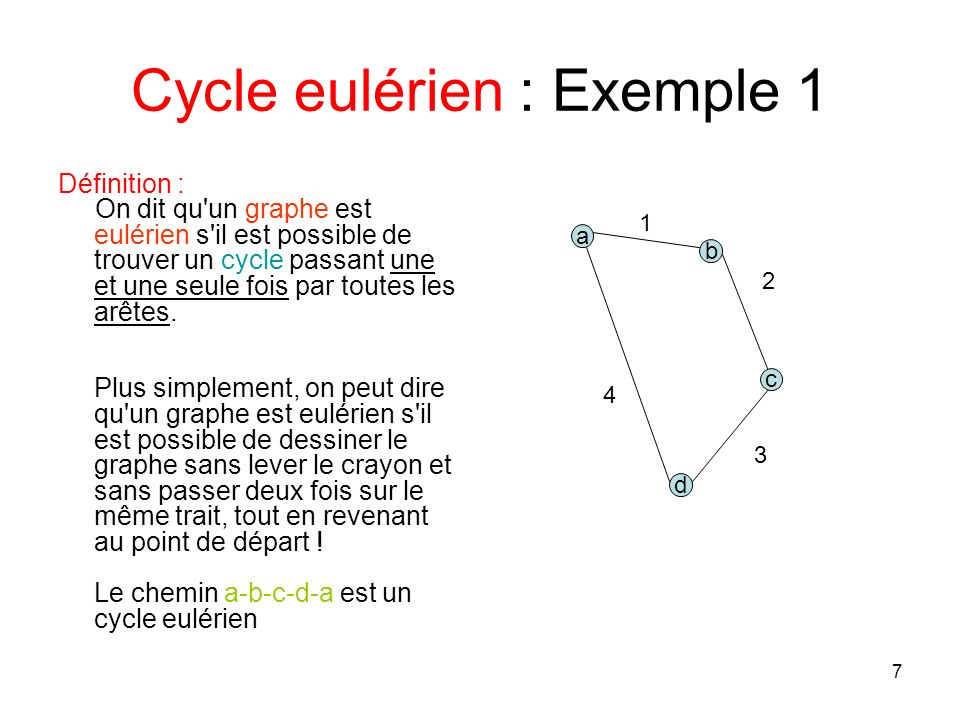 7 Cycle eulérien : Exemple 1 Définition : On dit qu un graphe est eulérien s il est possible de trouver un cycle passant une et une seule fois par toutes les arêtes.