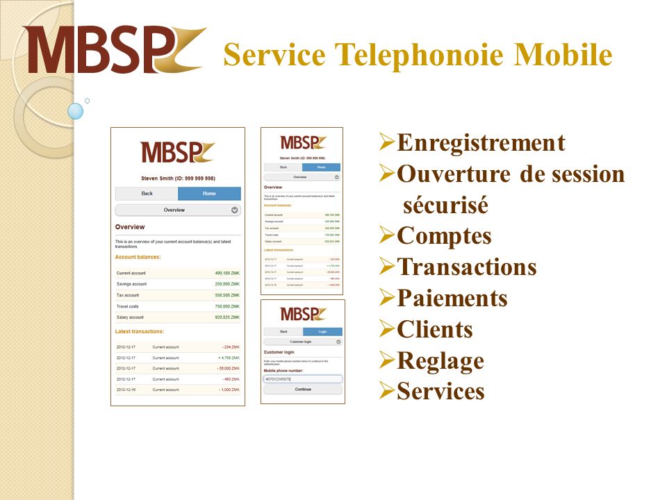 Service Telephonoie Mobile Enregistrement Ouverture de session sécurisé Comptes Transactions Paiements Clients Reglage Services