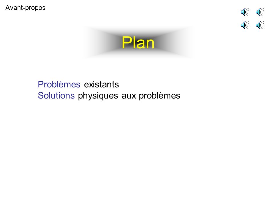 Avant-propos Problèmes existants Solutions physiques aux problèmes Plan