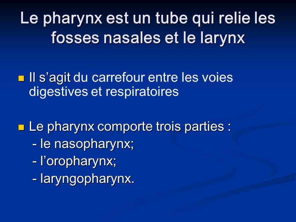 Le pharynx est un tube qui relie les fosses nasales et le larynx Il sagit Il sagit du carrefour entre les voies digestives et respiratoires Le pharynx comporte trois parties : Le pharynx comporte trois parties : - le nasopharynx; - le nasopharynx; - loropharynx; - loropharynx; - laryngopharynx.