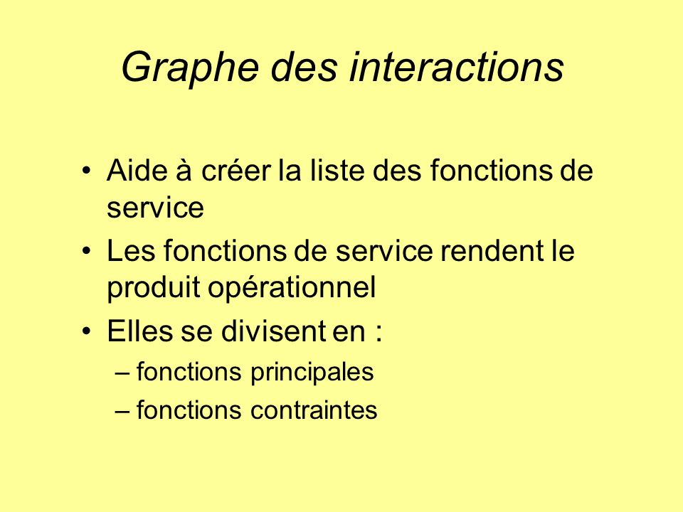 Graphe des interactions Aide à créer la liste des fonctions de service Les fonctions de service rendent le produit opérationnel Elles se divisent en : –fonctions principales –fonctions contraintes