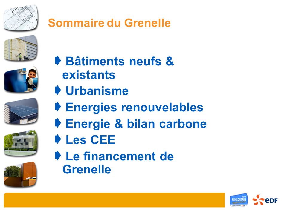 Sommaire du Grenelle Bâtiments neufs & existants Urbanisme Energies renouvelables Energie & bilan carbone Les CEE Le financement de Grenelle