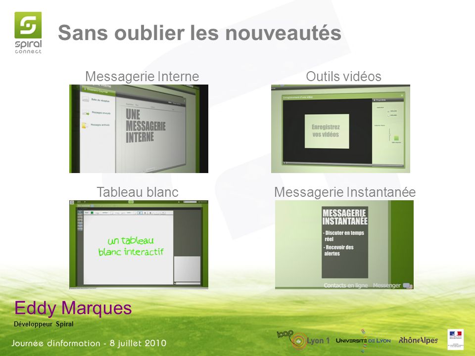 Sans oublier les nouveautés Eddy Marques Développeur Spiral Messagerie Interne Messagerie Instantanée Outils vidéos Tableau blanc