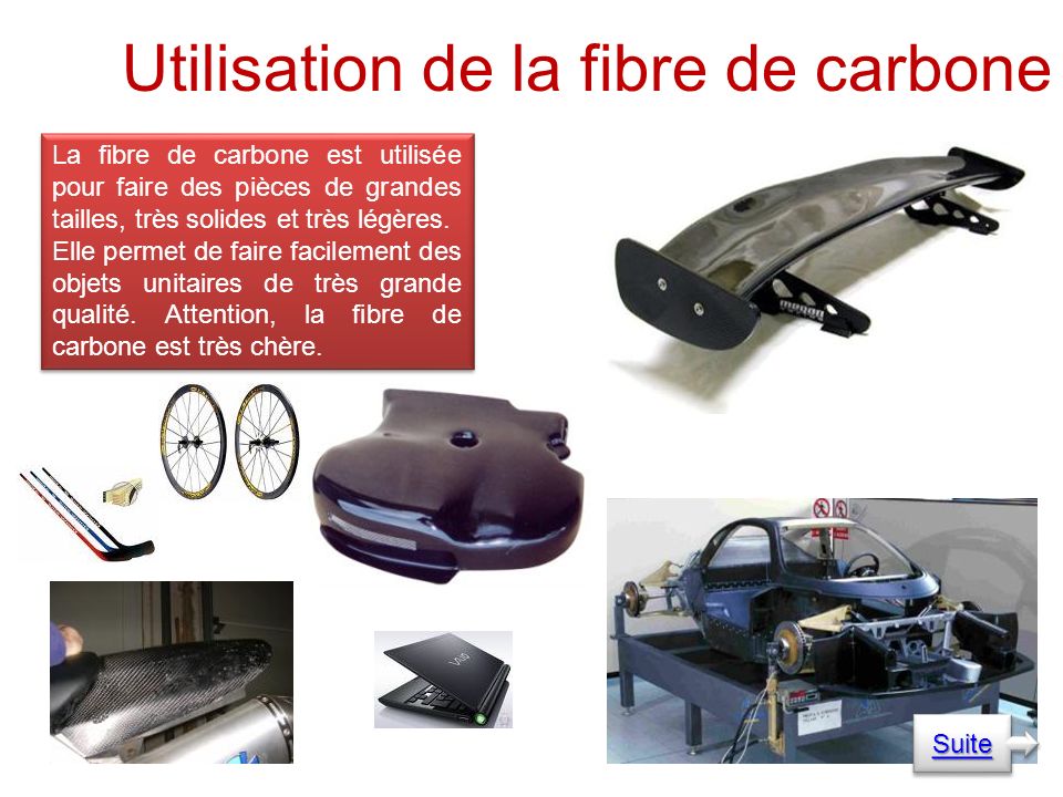 Utilisation de la fibre de carbone La fibre de carbone est utilisée pour faire des pièces de grandes tailles, très solides et très légères.