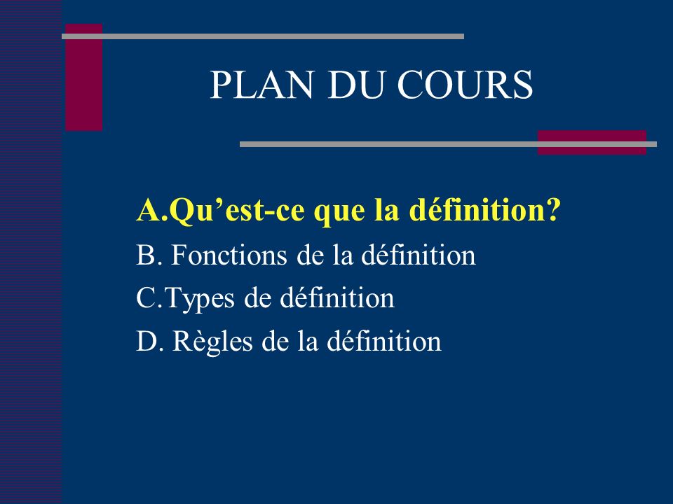 PLAN DU COURS A.Quest-ce que la définition. B. Fonctions de la définition C.Types de définition D.