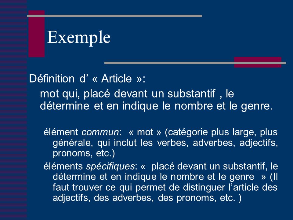 Exemple Définition d « Article »: mot qui, placé devant un substantif, le détermine et en indique le nombre et le genre.