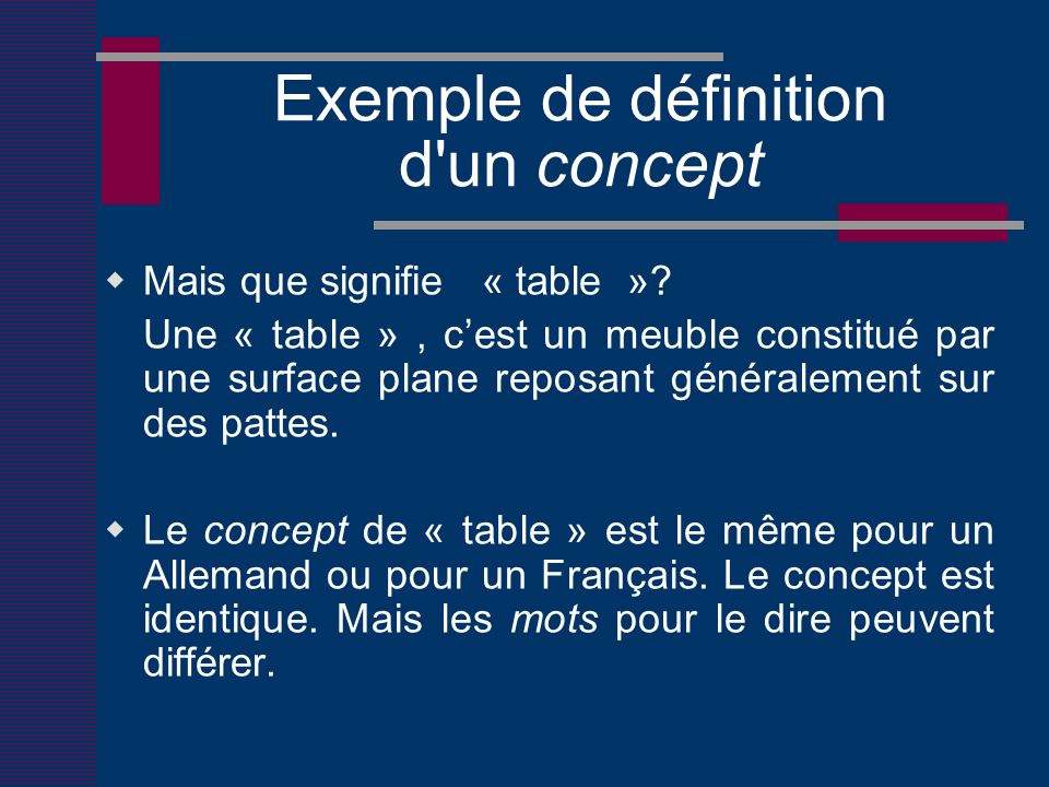 Exemple de définition d un concept Mais que signifie « table ».