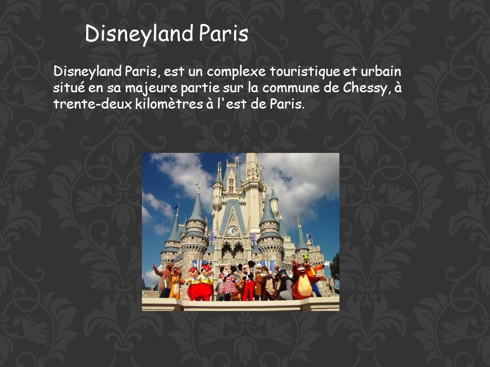 Disneyland Paris, est un complexe touristique et urbain situé en sa majeure partie sur la commune de Chessy, à trente-deux kilomètres à l est de Paris.