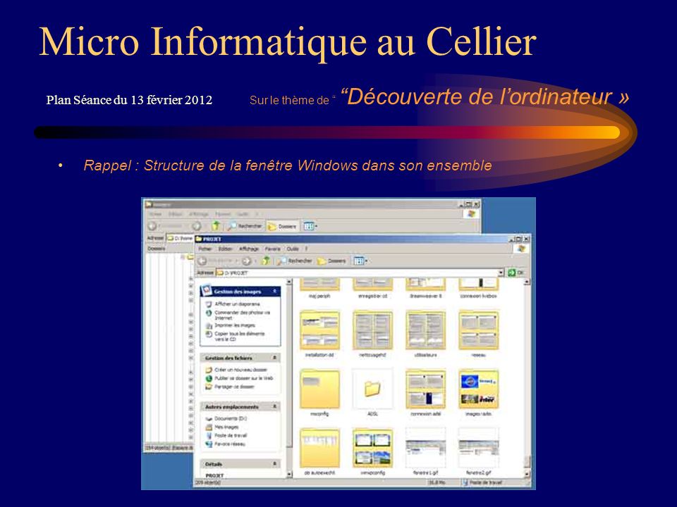Rappel : Structure de la fenêtre Windows dans son ensemble Micro Informatique au Cellier Plan Séance du 13 février 2012 Sur le thème de Découverte de lordinateur »