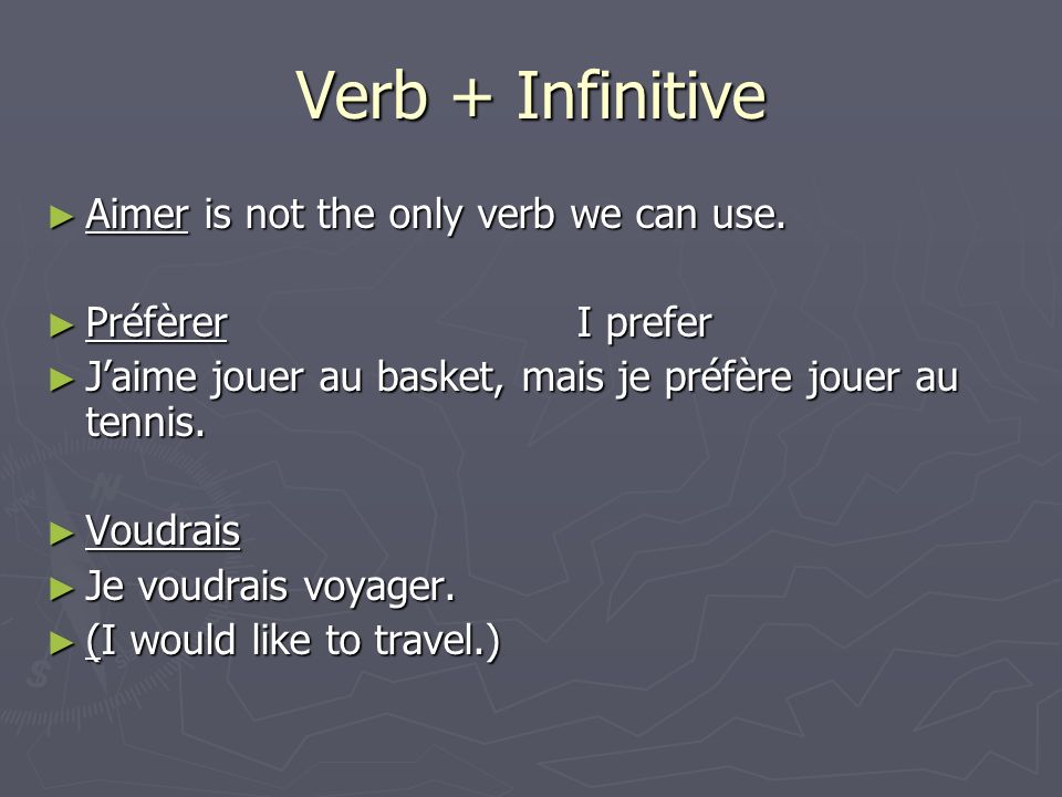 Verb + Infinitive Aimer is not the only verb we can use.