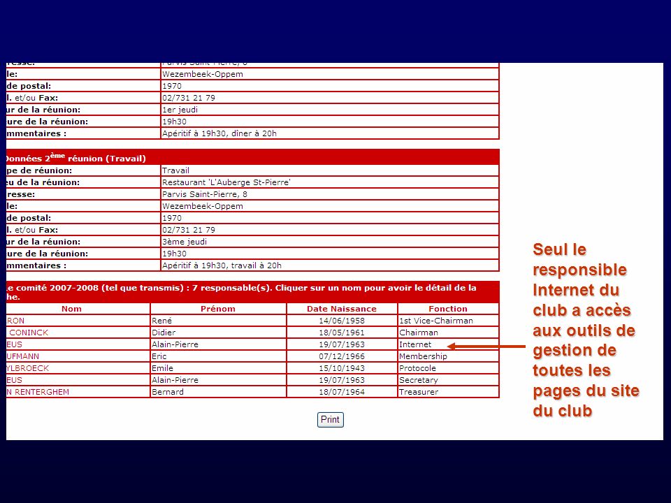 Seul le responsible Internet du club a accès aux outils de gestion de toutes les pages du site du club