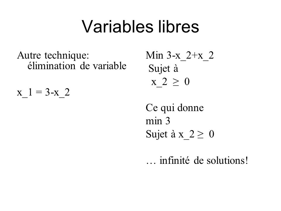 Variables libres Autre technique: élimination de variable x_1 = 3-x_2 Min 3-x_2+x_2 Sujet à x_2 0 Ce qui donne min 3 Sujet à x_2 0 … infinité de solutions!