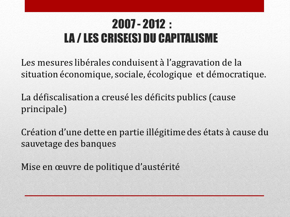 : LA / LES CRISE(S) DU CAPITALISME Les mesures libérales conduisent à laggravation de la situation économique, sociale, écologique et démocratique.