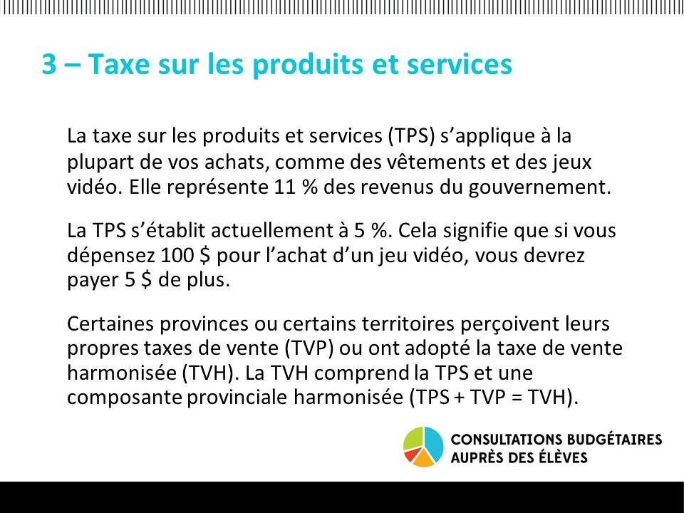 3 – Taxe sur les produits et services La taxe sur les produits et services (TPS) sapplique à la plupart de vos achats, comme des vêtements et des jeux vidéo.