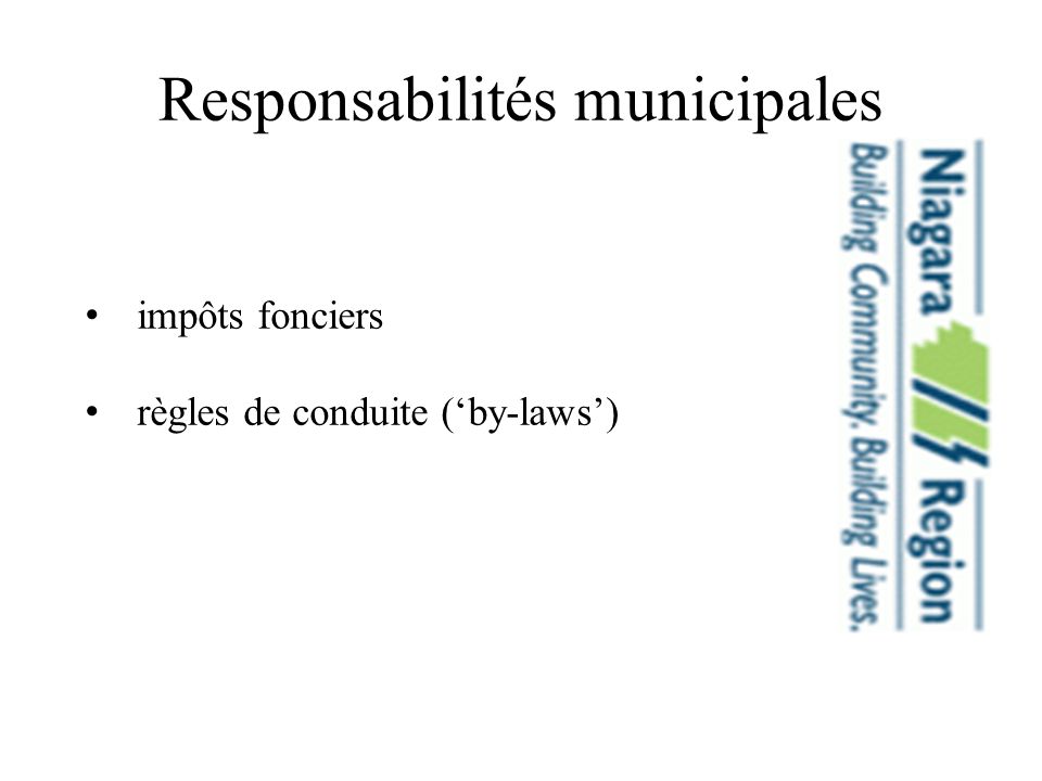 Responsabilités municipales impôts fonciers règles de conduite (by-laws)