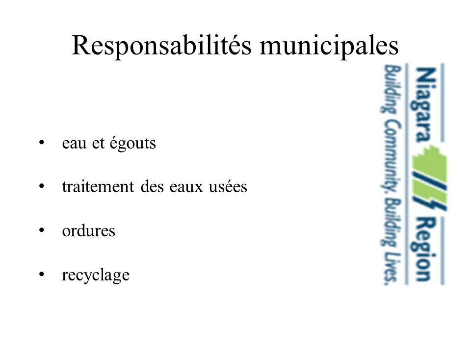 Responsabilités municipales eau et égouts traitement des eaux usées ordures recyclage