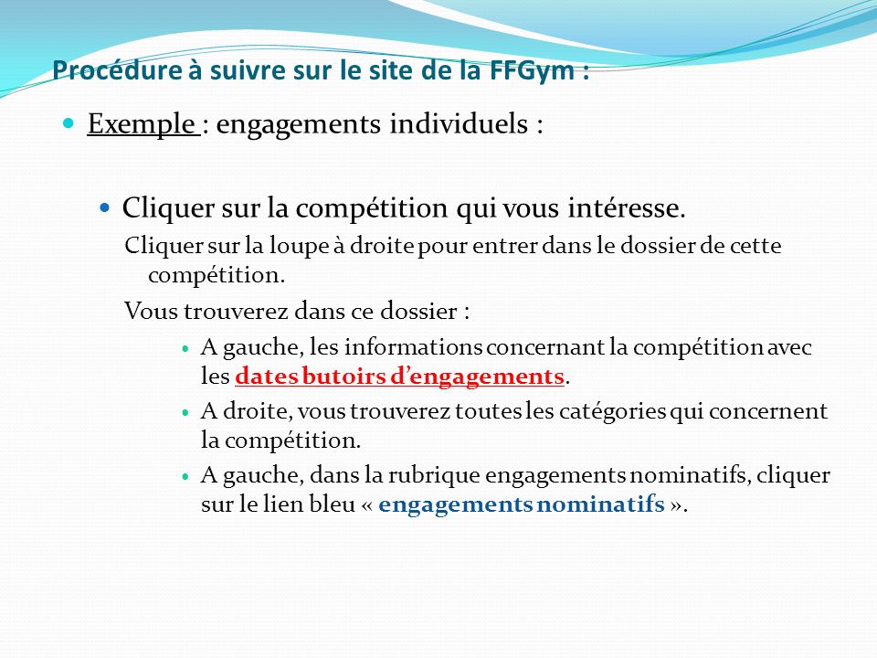 Exemple : engagements individuels : Cliquer sur la compétition qui vous intéresse.