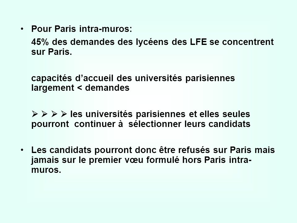 Pour Paris intra-muros: 45% des demandes des lycéens des LFE se concentrent sur Paris.