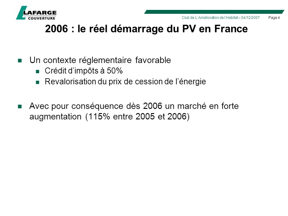 Page 4Club de LAmélioration de lHabitat – 04/12/ : le réel démarrage du PV en France Un contexte réglementaire favorable Crédit dimpôts à 50% Revalorisation du prix de cession de lénergie Avec pour conséquence dès 2006 un marché en forte augmentation (115% entre 2005 et 2006)
