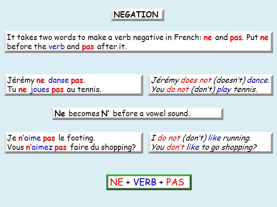 It takes two words to make a verb negative in French: ne and pas.
