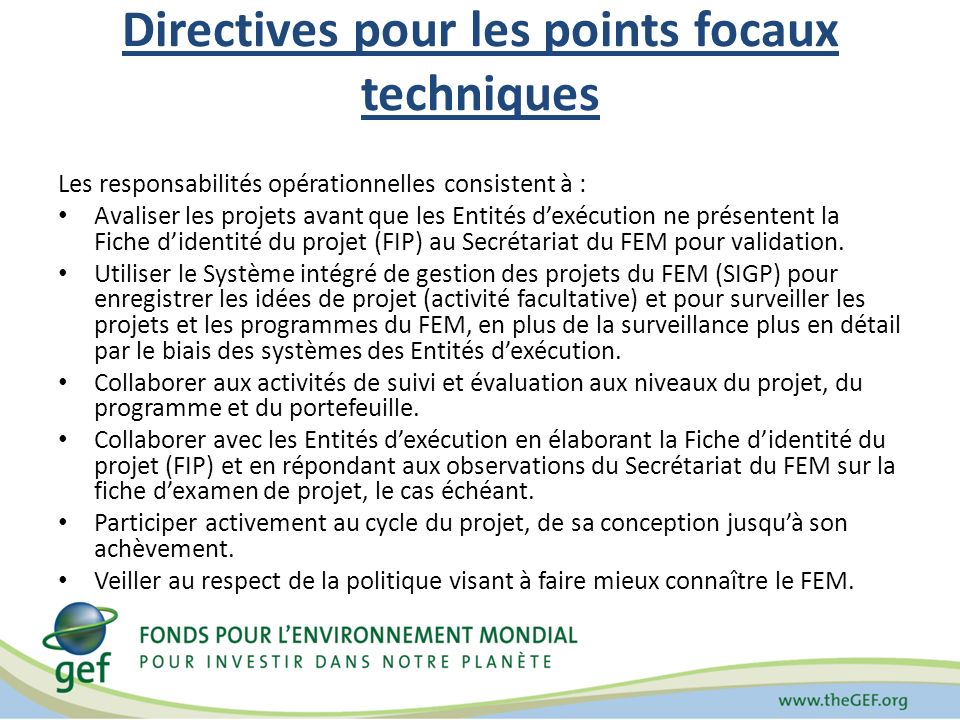 Directives pour les points focaux techniques Les responsabilités opérationnelles consistent à : Avaliser les projets avant que les Entités dexécution ne présentent la Fiche didentité du projet (FIP) au Secrétariat du FEM pour validation.