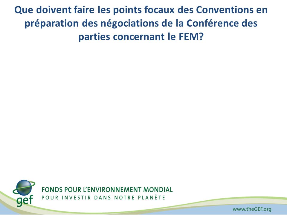 Que doivent faire les points focaux des Conventions en préparation des négociations de la Conférence des parties concernant le FEM