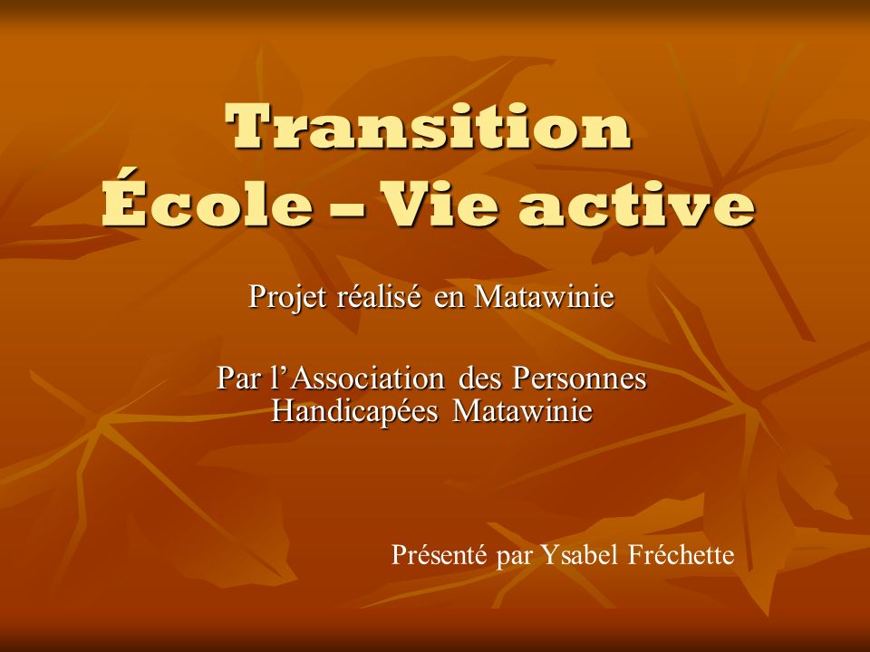 Transition École – Vie active Projet réalisé en Matawinie Par lAssociation des Personnes Handicapées Matawinie Présenté par Ysabel Fréchette