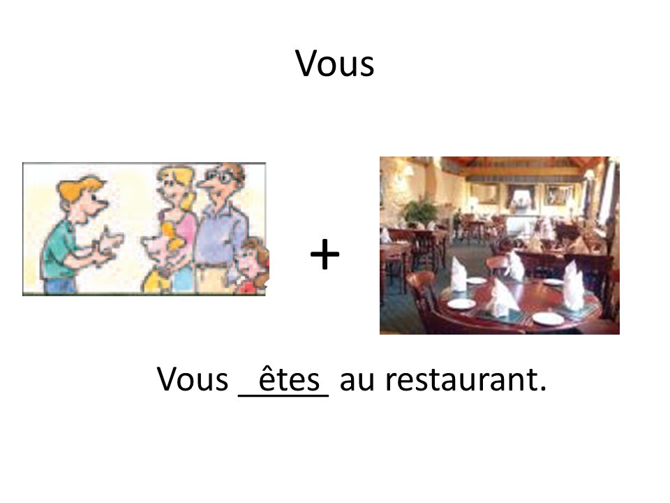 Vous + Vous _____ au restaurant.êtes