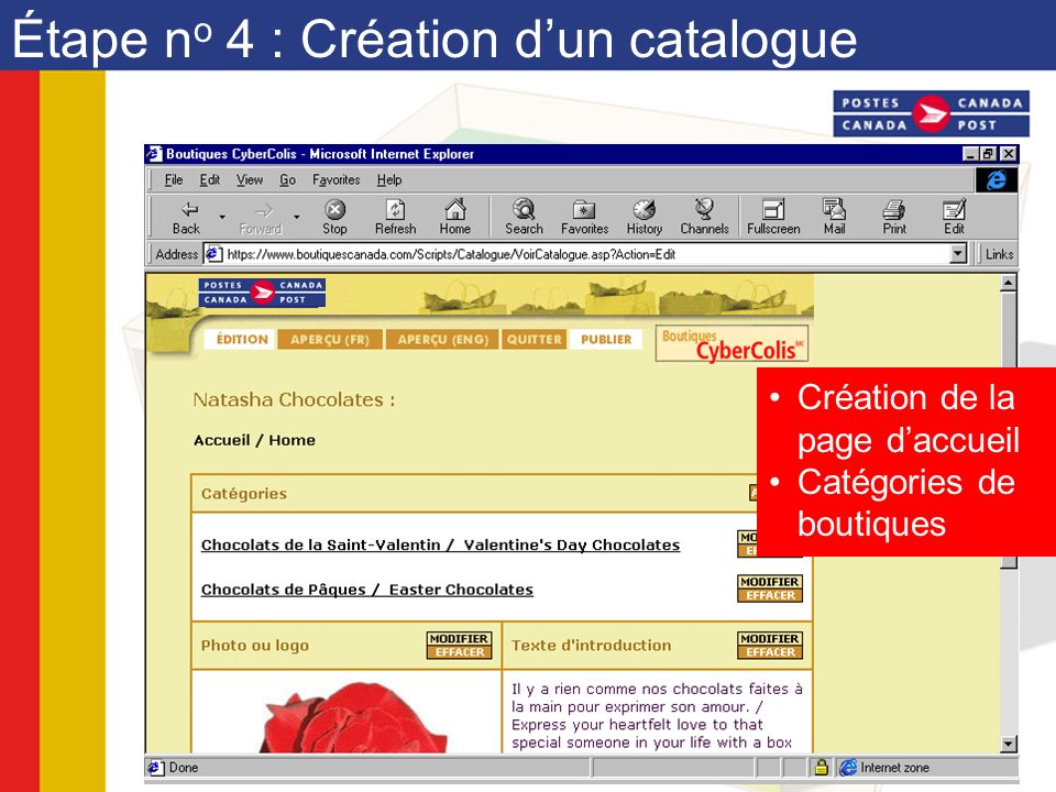 Étape n o 4 : Création dun catalogue Création de la page daccueil Catégories de boutiques