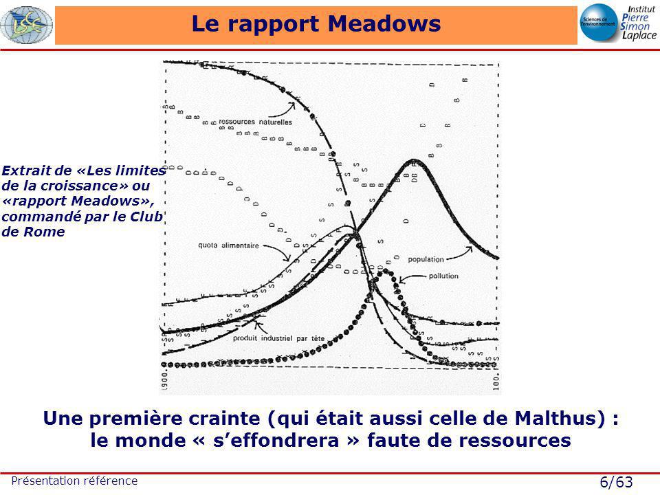 6/63 Présentation référence Le rapport Meadows Une première crainte (qui était aussi celle de Malthus) : le monde « seffondrera » faute de ressources Extrait de «Les limites de la croissance» ou «rapport Meadows», commandé par le Club de Rome