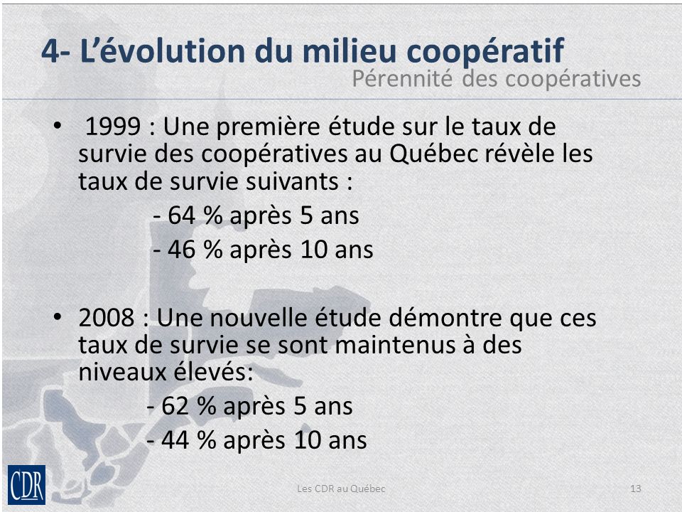 Les CDR au Québec : Une première étude sur le taux de survie des coopératives au Québec révèle les taux de survie suivants : - 64 % après 5 ans - 46 % après 10 ans 2008 : Une nouvelle étude démontre que ces taux de survie se sont maintenus à des niveaux élevés: - 62 % après 5 ans - 44 % après 10 ans 4- Lévolution du milieu coopératif Pérennité des coopératives
