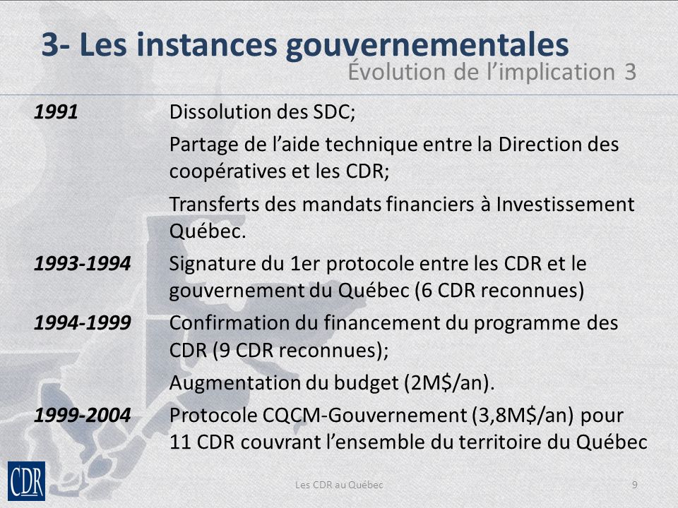 1991Dissolution des SDC; Partage de laide technique entre la Direction des coopératives et les CDR; Transferts des mandats financiers à Investissement Québec.
