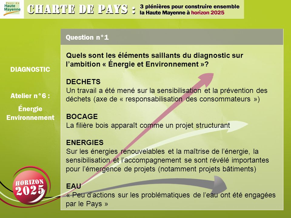 Question n°1 Quels sont les éléments saillants du diagnostic sur lambition « Énergie et Environnement ».
