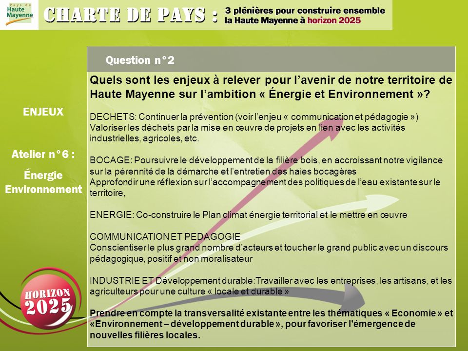 Question n°2 ENJEUX Atelier n°6 : Énergie Environnement Quels sont les enjeux à relever pour lavenir de notre territoire de Haute Mayenne sur lambition « Énergie et Environnement ».