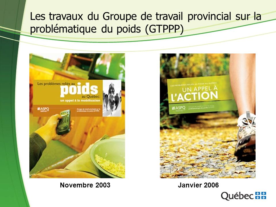 Les travaux du Groupe de travail provincial sur la problématique du poids (GTPPP) Novembre 2003 Janvier 2006