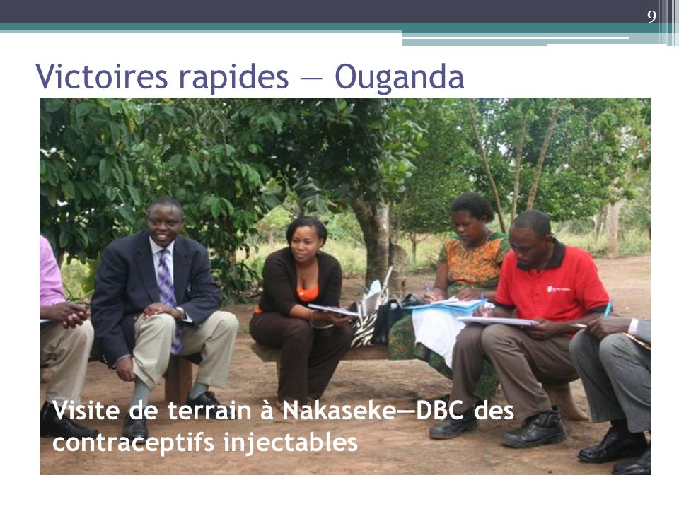 Victoires rapides Ouganda 9 Visite de terrain à NakasekeDBC des contraceptifs injectables