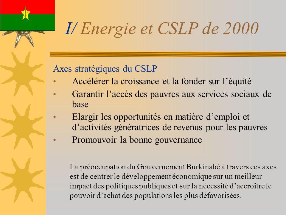 I/ Energie et CSLP de 2000 Axes stratégiques du CSLP Accélérer la croissance et la fonder sur léquité Garantir laccès des pauvres aux services sociaux de base Elargir les opportunités en matière demploi et dactivités génératrices de revenus pour les pauvres Promouvoir la bonne gouvernance La préoccupation du Gouvernement Burkinabè à travers ces axes est de centrer le développement économique sur un meilleur impact des politiques publiques et sur la nécessité daccroître le pouvoir dachat des populations les plus défavorisées.
