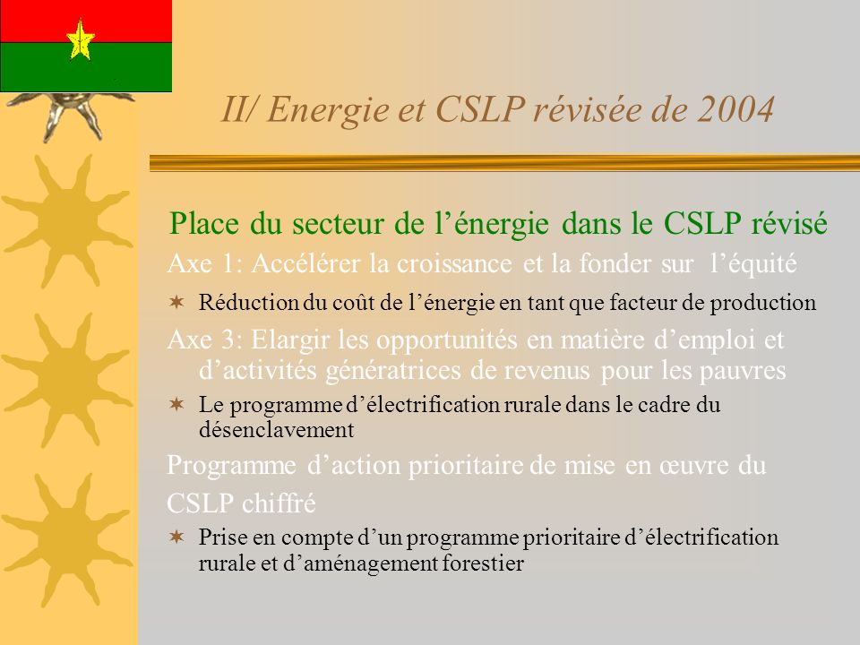 Place du secteur de lénergie dans le CSLP révisé Axe 1: Accélérer la croissance et la fonder sur léquité Réduction du coût de lénergie en tant que facteur de production Axe 3: Elargir les opportunités en matière demploi et dactivités génératrices de revenus pour les pauvres Le programme délectrification rurale dans le cadre du désenclavement Programme daction prioritaire de mise en œuvre du CSLP chiffré Prise en compte dun programme prioritaire délectrification rurale et daménagement forestier