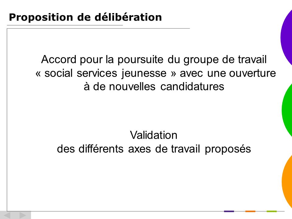 Proposition de délibération Accord pour la poursuite du groupe de travail « social services jeunesse » avec une ouverture à de nouvelles candidatures Validation des différents axes de travail proposés