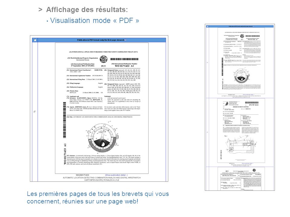 PROFESSIONAL ONLINE PATENT INFORMATION SERVICE > Affichage des résultats: Visualisation mode « PDF » Les premières pages de tous les brevets qui vous concernent, réunies sur une page web!
